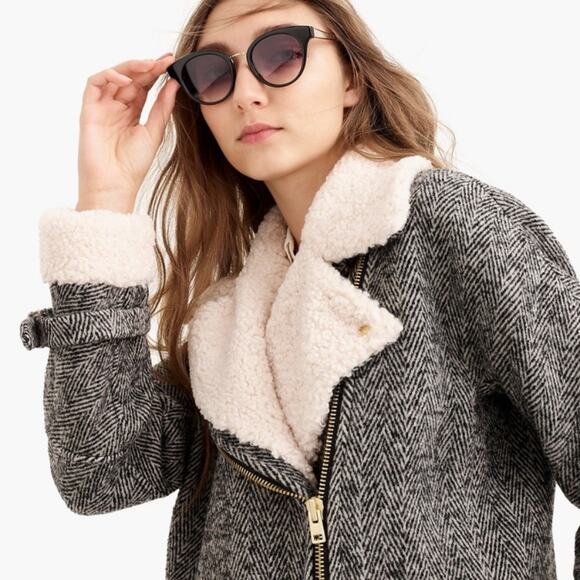 J. Crew Oversized Herringbone Sherpa Moto Jacket Size XXS - Picture 2 of 7